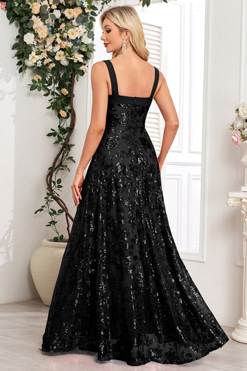 Sparkly Black Spaghetti Straps A Line Appliqued Formal Dress